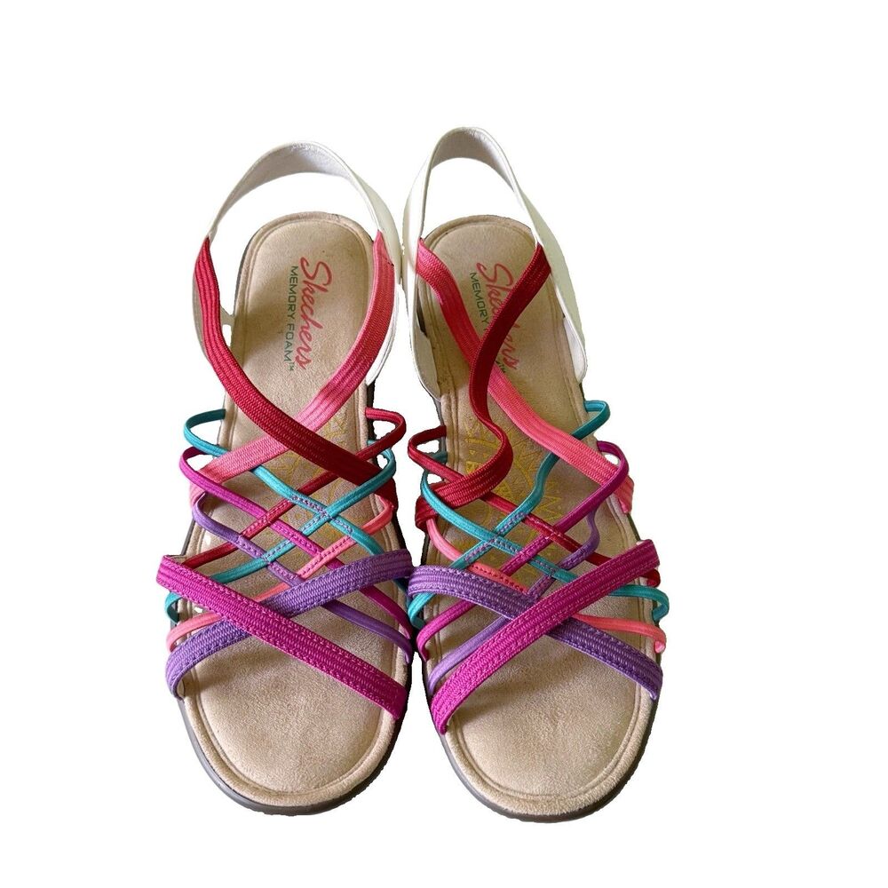 Skechers White Multi Gore Sling Back Wedges Parallel Strappy Memory Foam Sz 8.5 - Picture 2 of 13